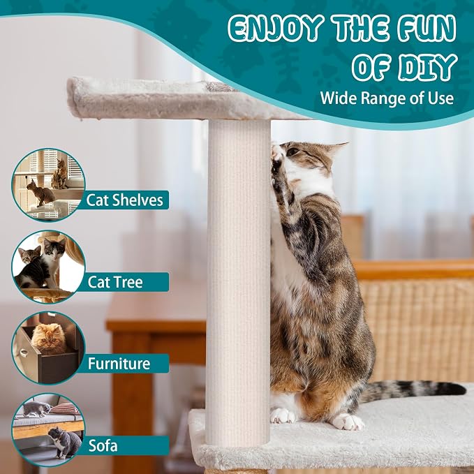 Climbing Cat Scratcher Mat Trimmable Cat Scratching Post Carpet 157.4’’x15.8’’ Self Adhesive Carpet Mat Pad Replacement for Cat Tree Shelves Post Couch Wall Furniture Steps DIY Protector (Cream White)