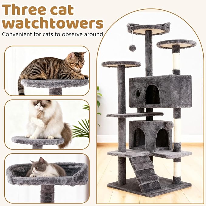 BestOffice 54 Inch Cat Tree, Multi-Level Cat Tower with Condo, Perches, Sisal Scratching Posts, Climbing Ladder,Indoor Activity Center Play House for Kittens & Adult Cats,Light Gray