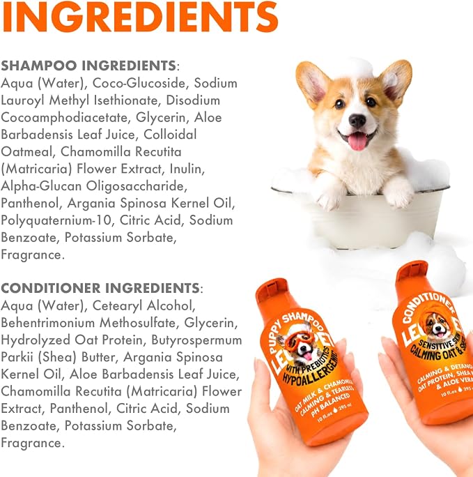 Puppy Shampoo and Conditioner Set Hypoallergenic, Tearless, pH Balanced Dog Shampoo for Puppies Oat Milk, Chamomile & Prebiotics Puppy Shampoo for Sensitive Skin Sulfate Free, Paraben Free 2×10 fl oz