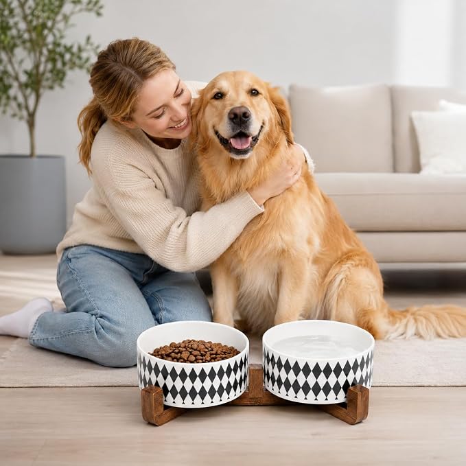 Petygooing Ceramic Dog Cat Bowl Set with Stand, Pet Food and Water Dishes,Small Dog Bowls Anti-Slip Set of 2 Cat Bowls-Pet Food Bowl- Pet Dish Small Medium Size Pet (28OZ/6.1 in) Black Rhombus