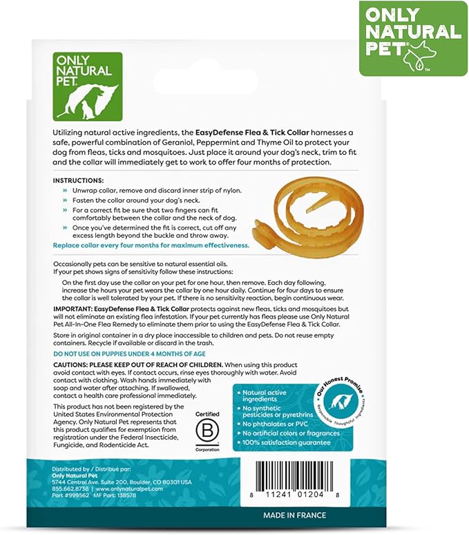 Only Natural Pet EasyDefense Flea & Tick Dog Collar - Canine Flea Control Collars - One Size Fits All - Pet Care that Protects up to 4 Months - for Dogs (Single Collar)