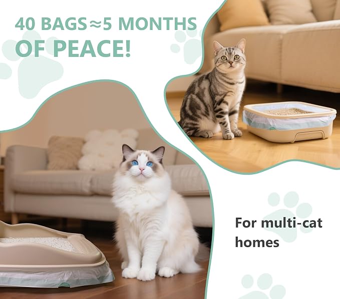 40 Count Jumbo Cat Litter Box Liners - 2 Mil Thick & Claw Resistant, 37"x18" Drawstring Bags for Deep Pans, Leakproof & Tear Proof Heavy Duty Liners