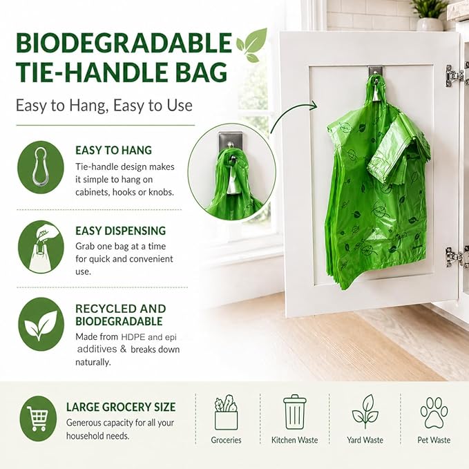 T-shirt Biodegradable Green Plastic Bag (600 ct.) Small Can Liners Thank You Grocery Shooping Size Doggy Poop Bags Compatible with Arm & Hammer Swivel Bin & Rake pooper scooper Multipurpose Bags