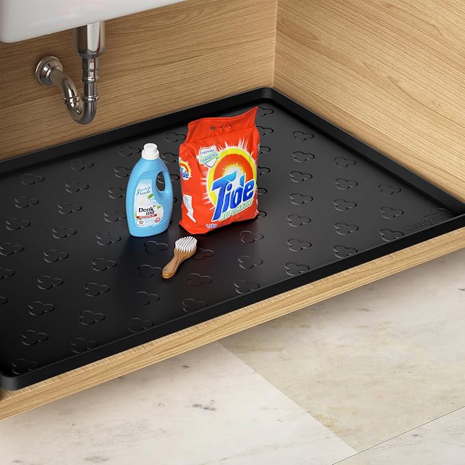 Under Sink Mat 34" x 22" Waterproof Kitchen Cabinet Mat, Flexible Under Sink Liner, Kitchen Bathroom Cabinet Mat Protector for Drip Leak Spill (Black)