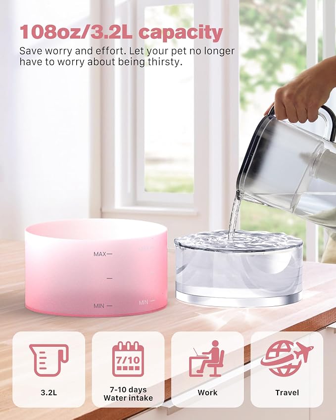 Pink Cat Water Fountain and 12 Carbon Filters + 12 Sponges, Multiple Filtration, Meets 8 Days of Drinking Water and 6-12 Months of Replacement Needs, Worry-Free Travel