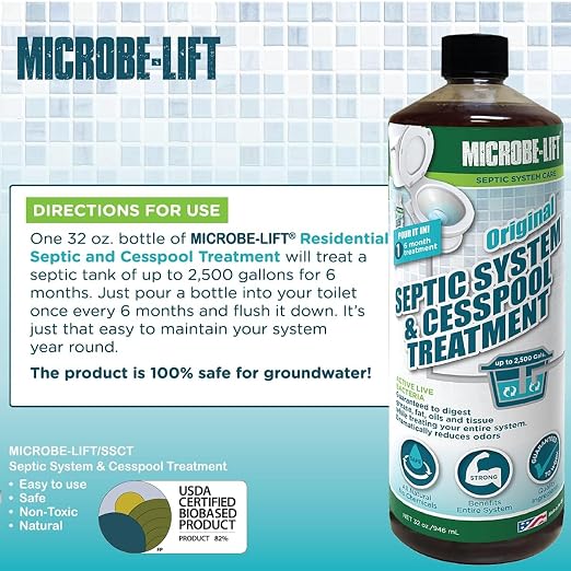 MICROBE-LIFT Septic Tank and Cesspool Treatment Enzymes - 6 Month Supply - Bacteria Digests Grease, Fats, Oils and Tissue, 32 Fl Oz (Pack of 2)