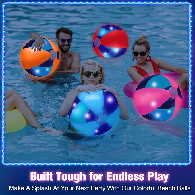 MiniInflat 4 Pcs Light up Beach Balls 16'' Jumbo Pool LED Balls Glow in the Dark Neon Giant Inflatable for Summer Hawaiian Tropical Theme Beach Party Decor Water Accessory (Colorful)