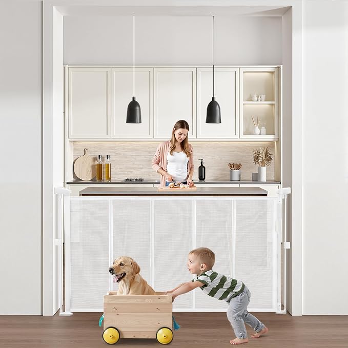 VEVOR Retractable Baby Gate, 34 inch Tall, Extends up to 55 inch Wide, Retractable Gate for Kids or Pets, Mesh Material, Easy to Install for Indoor Stairs, Doorways, Hallways, Playrooms, White