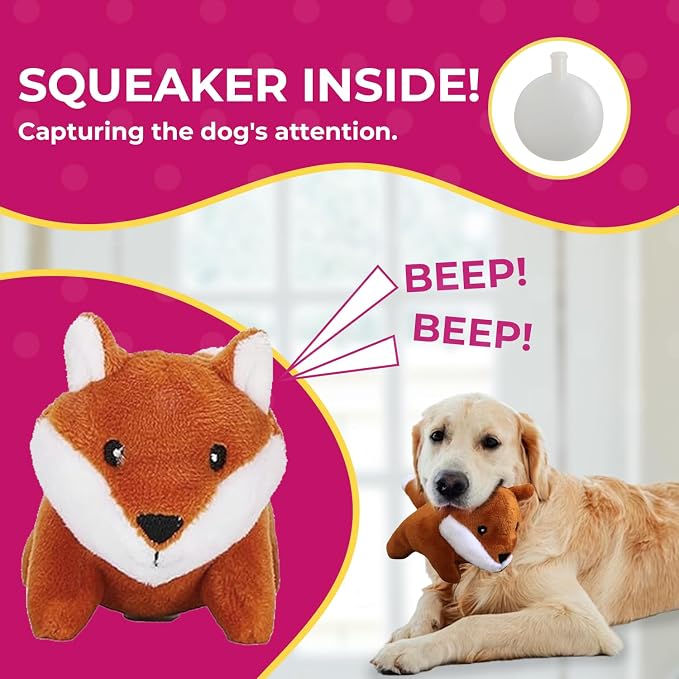 Glow Pups Hide and Seek Dog Toy, Plush Fox Inside Trunk, Squeaky Interactive Burrow Toy for Mental Stimulation, Durable & Engaging, Woodland Style, Small, 3 Animals