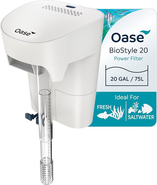 OASE BioStyle Power Filter for Aquariums up to 20 gallons, Multi-stage Filtration, Easy Maintenance, Quiet Hang on Back Filter, White