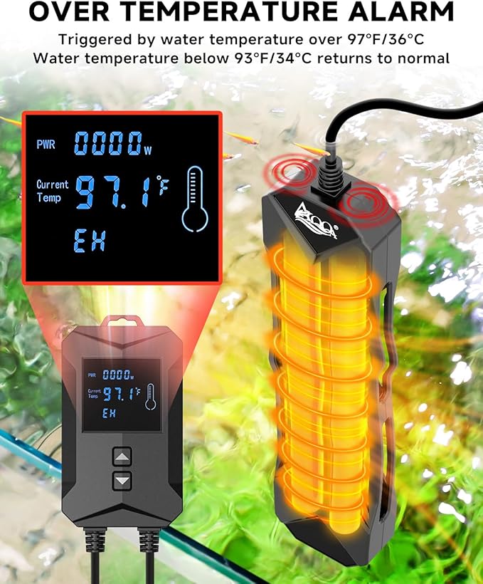 AQQA Aquarium Heater 800W/1000W/1200W/1400W Fish Tank Heater with LED Digital Display 110-120V Submersible No Pond Heaters with Overheat & Dry-Out Protection for Freshwater & Saltwater Tanks (800W)
