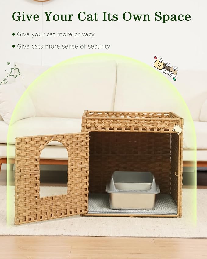 SETVSON Cat Litter Box Enclosure Furniture, Large Hidden Litter Box Furniture, Handwoven Rattan Cat House Cabinet, One Mat, Two S-Shaped Hooks, Living Room, Apartment 21.6 X 26 X 21.6 Inches, Natural