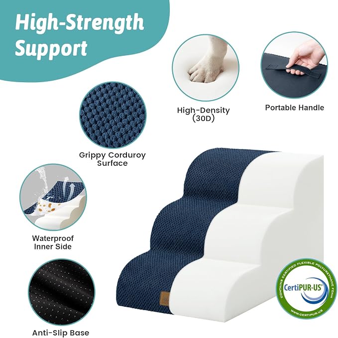 COZY KISS Wide Dog Stairs for Small Dog 15.7" H, Pet Step for Puppy, Older Cat, Curved Ramp for Couch, Durable Anti-Slip Ladder with High Density Foam, 3 Step, 17.7x22.4x15.7 inch, Navy Blue