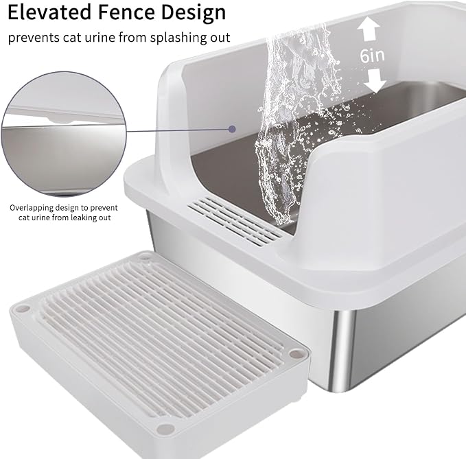 RIZZARI Stainless Steel Litter Box: Large White Open Top Design with Odor-Resistant Steel & High Walls - Leakproof & Durable Teflon Coating- Ideal for Multiple Cats - Living Room Balcony Use