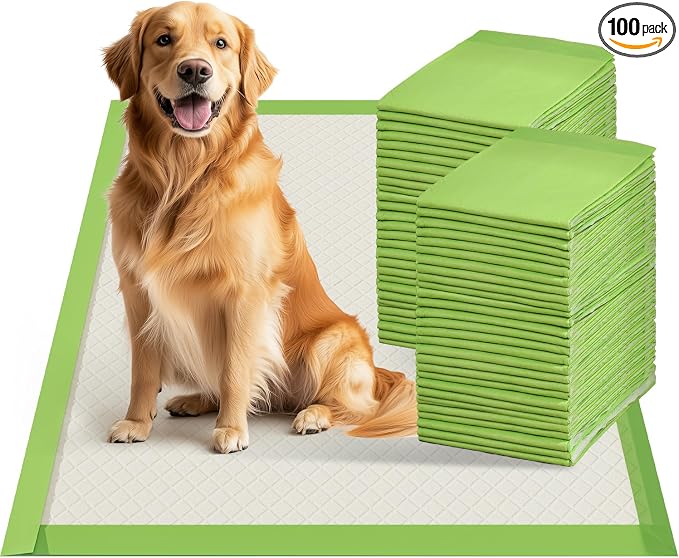 Gardner Pet Dog Pee Pads Extra Large 28"x34", XL Thicker ECO Green Disposable Puppy Training Pads Super Absorbent Full Edge-Wrapping Pad for Dogs, Puppies, Cats, Rabbits (100 Count)