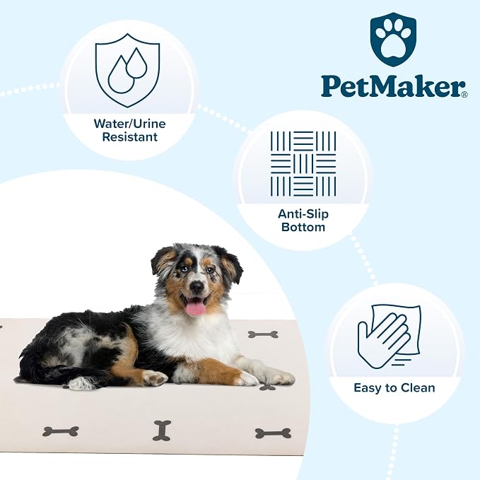 Dog Mat for Food and Water, Crate Pad, and Floor Protector - 55” x 28” Extra Large PVC Memory Foam Pad with Non-Slip Bottom - Stain, Scratch, and Water-Resistant Floor Mat by PETMAKER (Dog Bones)
