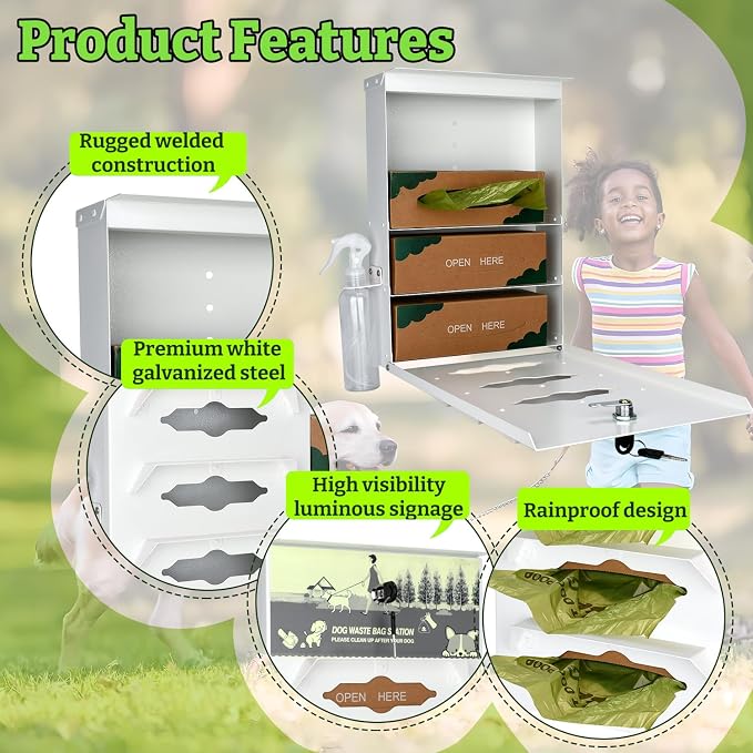 Metal Dog Poop Bag Dispenser Wall Mount, Outdoor Dog Bag Dispenser - 600 Roll Bags Included - Pet Waste Station -Pet Waste Bag Dispenser with Pick Up After Your Dog Sign (Glow in the Dark)