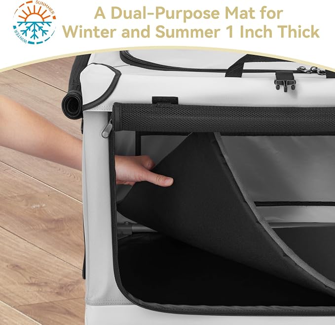 PETSFIT Portable Dog Crate for Small Dogs, – 24" Soft Dog Travel Crates with Lockable Zippers & Thicken Mat, Adjustable Patented Spiral Steel Frame, Collapsible Kennel for Indoor & Outdoor