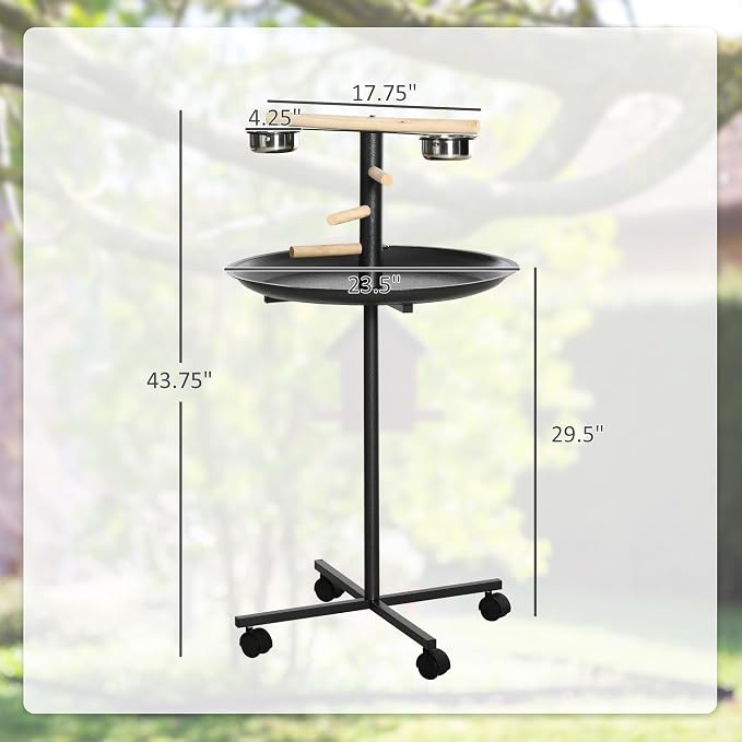 PawHut Bird Play Stand, Portable Parrot Perch, Bird Feeder Station, with Four Wheels, Stainless Steel Feeding Bowls, Round Tray, Grey