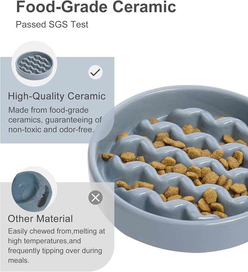 Ceramic Slow Feeder Dog Bowl, Maze Puzzle Non-Slip Silicone Base Stoneware Bowl for Small Medium Dogs, Heavy Duty Anti-Bloat Dog Food Bowl Dishwasher Safe – Ice Blue, Medium