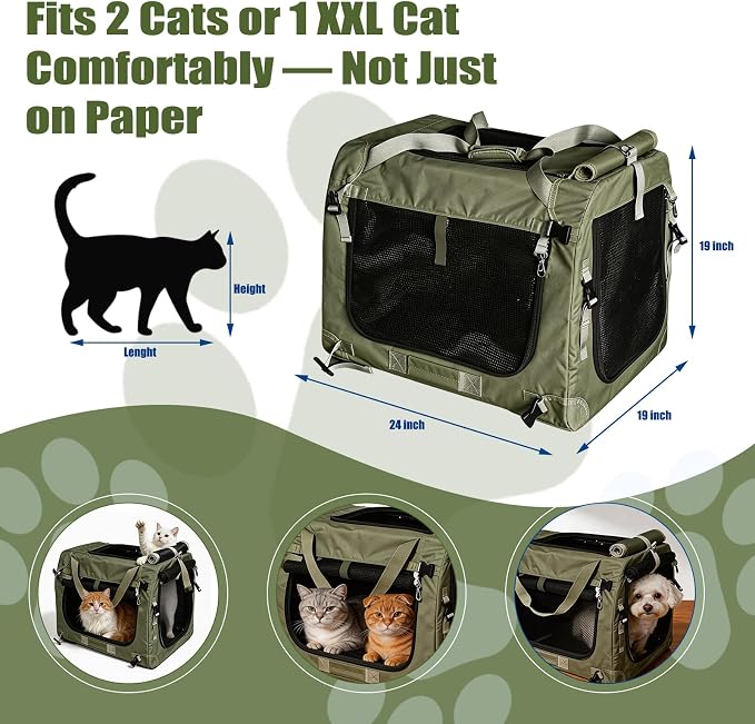 Extra Large Cat Carrier for Large Cats or 2 Small Cats - Soft-Sided Pet Carrier for Car Travel, Top Load, 4 Openings, Anti-Sag Iron Frame, Anti-Sagging pad, Zipper Lock Buckle, Foldable, Green