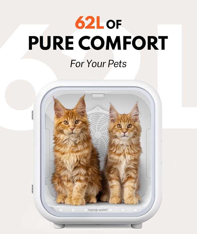 HomeRunPet Pet Dryer Box, 62L Automatic Cat Dryer with Patented Fresh Air Ventilation, Quiet 360° Even Drying, Smart Temperature Control, Ideal for Large Cats & Small Dogs (Drybo Pro)
