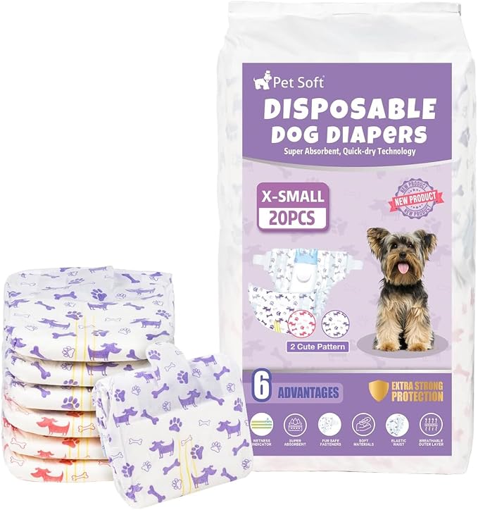 Pet Soft Female Dog Diapers - Disposable Doggie Diapers with Wetness Indicator, Puppy & Cat Diaper Super Absorbent, Fit for Female Dog in Heat or Incontinence, 20pcs (XS, Mixed)