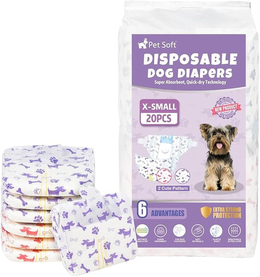 Pet Soft Female Dog Diapers - Disposable Doggie Diapers with Wetness Indicator, Puppy & Cat Diaper Super Absorbent, Fit for Female Dog in Heat or Incontinence, 20pcs (XS, Mixed)