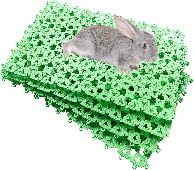 Hamiledyi Bunny Chew Toy for Teeth & Guinea Pig Natural Organic Fruitwood Sticks with Grass Cake & 6 Pcs Rabbit Cage Mats Plastic, 7.8 x 11.8 inches