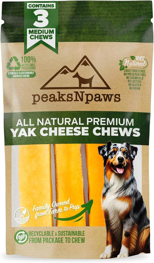 peaksNpaws All Natural Premium Yak Cheese Chews, Medium, 3 Chews, 7.5 oz