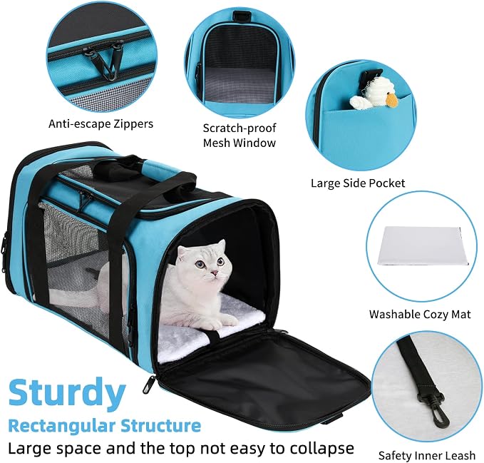 Pnimaund Large Pet Carrier, Soft Sided Cat Carriers for Large Cats Under 20 lbs, Soft Dog Carriers for Medium Dogs Small Dogs, Collapsible Cat Carrier for 2 Cats Travel Carrier -Blue