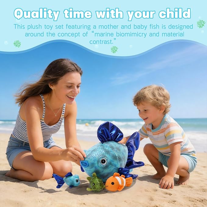 Muiteiur 4-in-1 Fish Family Stuffed Animal Set, 16" Soft Mommy Plush Fish with 3 Small Baby Sea Creatures, Ocean Themed Toys for Kids, Nautical Nursery Decor & Birthday Gift for Boys Girls Ages 3+
