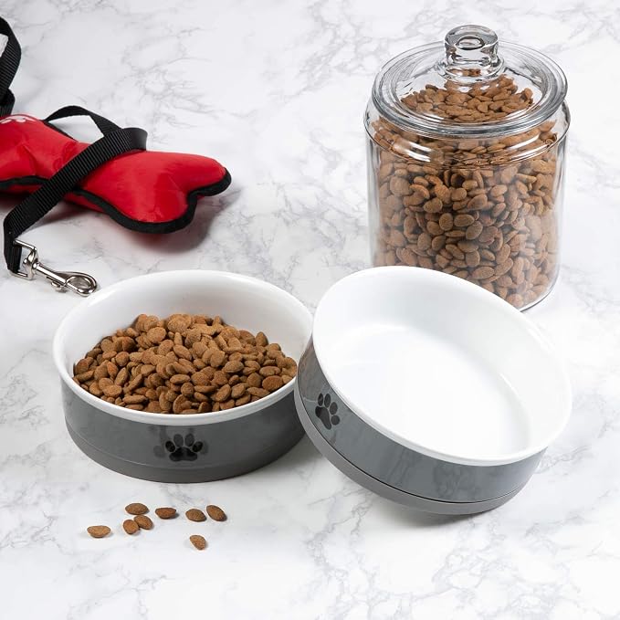 Bone Dry Ceramic Bone & Paw Pet Collection, Dishwasher Safe, Large Bowl, 7.5x2.4, Gray, 2 Count