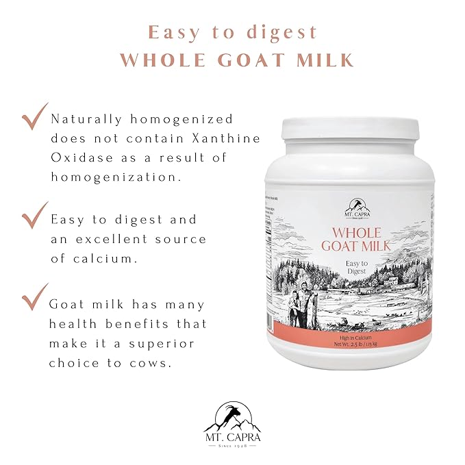 Mt. Capra Whole Goat Milk | Powder from Non-GMO, Grass-Fed Goats, Creamy, Great Tasting, Easy to Digest, A2 Milk | 40 Servings - 2.5 Pounds