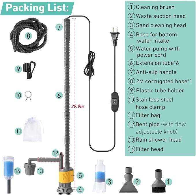 Dirvin Aquarium Vacuum Gravel Cleaner, 8 in 1 Removable 20W Fish Tank Cleaner Gravel Vacuum for Aquarium, Strong Suction for Change Water Wash Sand Clean Algae Water Circulation