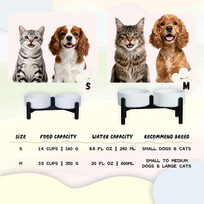 Elevated Ceramic Dog Bowl Set - Cute Double Dishes with Stainless Steel Stand – Raised Feeding Bowls for Cats and Small Dogs - Food & Water Set - 5" / 1.4 Cups (140 g / 260 ml) - Yellow
