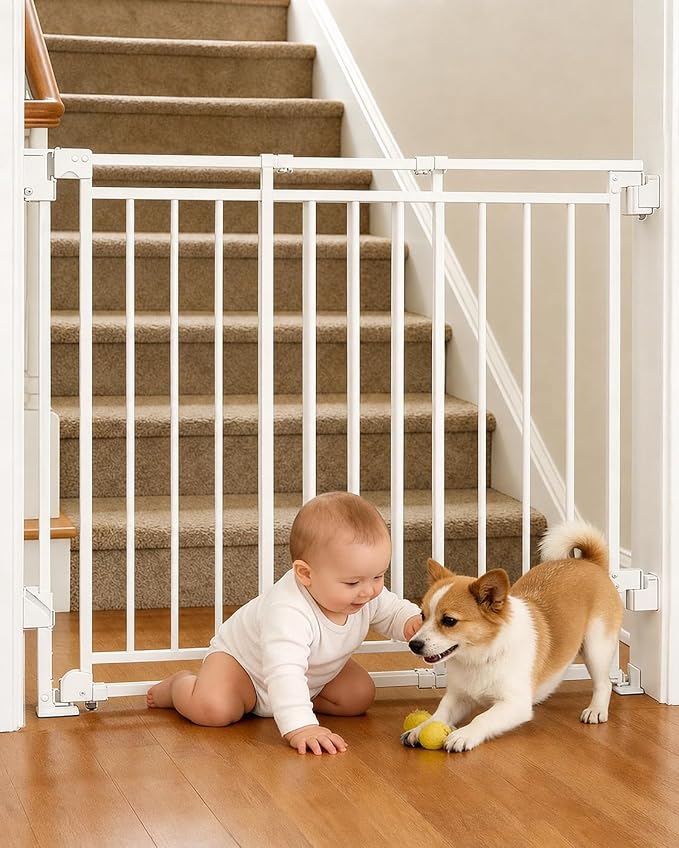 Baby Gate for Stairs, Doorways & Hallways with Auto Close – 26.4"-43" W x 39" H, Extra-Wide Walk Thru and No Bottom Bar for Easy Access, Adjustable Safety Gate for Dogs & Toddlers, White