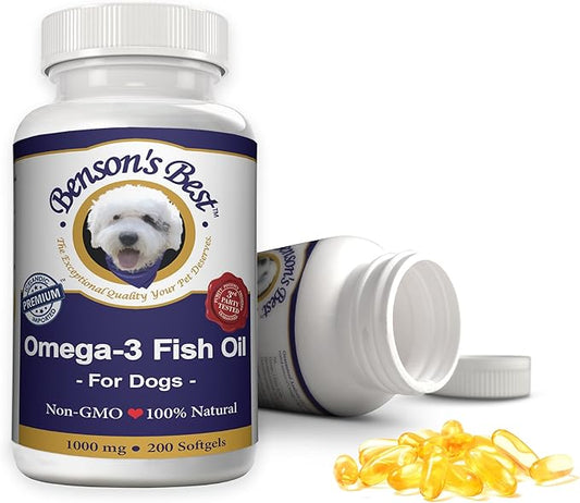 Benson's Best Omega 3 Fish Oil for Dogs - Anchovy Oil Softgel Capsules - Provides 43% More Omega 3 Fatty Acids Than Salmon Oil - 200 Softgels 1000 mg - 100% Pure, Non-GMO, Natural Pet Food Supplement