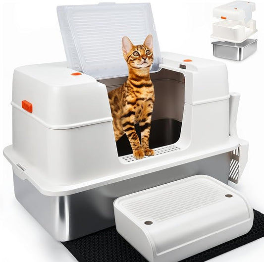 SZEE Stainless Steel Litter Box with Lid, Easy to Clean and NO Absorb Odor, Extra Large Litter Box with Open/Enclosed Modes, Includes Litter Scoop, Litter Mat & Trapping Box