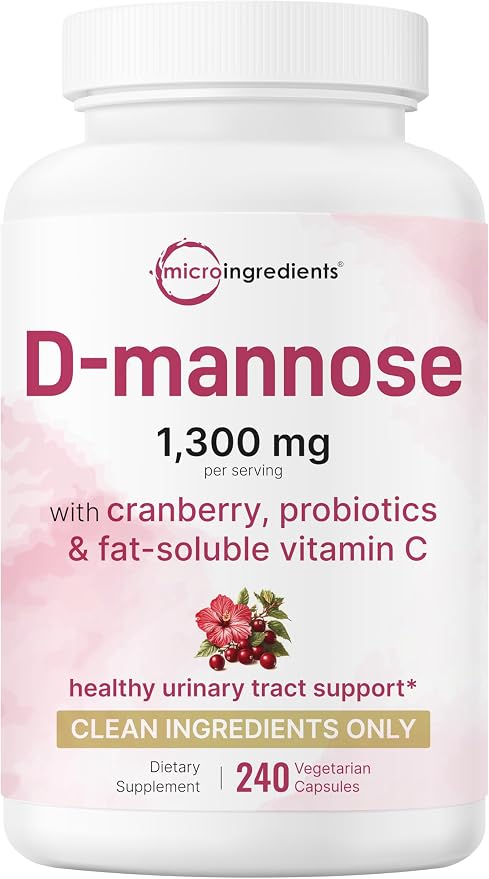 Micro Ingredients D Mannose 1,300mg Per Serving with Cranberry | 240 Veggie Capsules + Fat-Soluble Vitamin C & 1 Million CFU Probiotics Blend | Daily D Mannose Formula for Women | Filler Free, Non-GMO