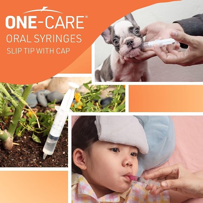 ONE-CARE 5ml Oral Syringe with Cap - Sterile, Individually Wrapped - 100 Syringes, Slip Tip, Uses include oral administration of medicine for infants, adults and animals
