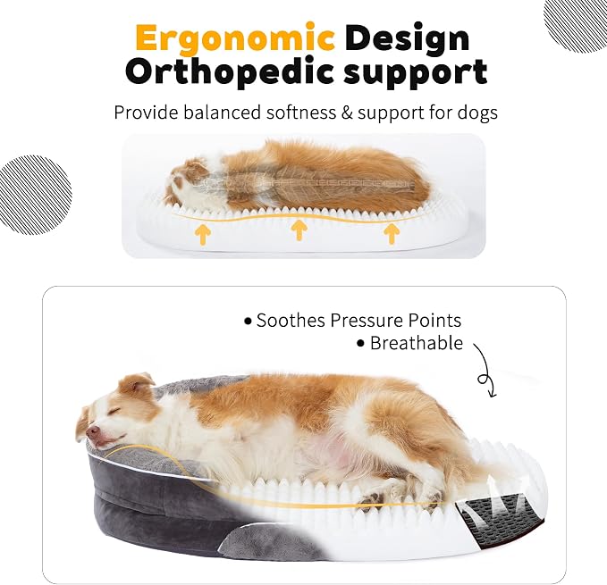 Orthopedic Dog Bed Couch for Large Sized Pets with Egg Foam Support, Four-Sided Bolster Cushions, Soft Tear-Resistant Fabric, and Removable Machine Washable Plush Cover, 36'', Dark Gray