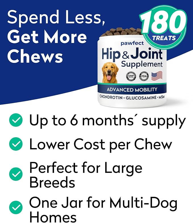 PAWFECTCHEW Glucosamine Dog Treats for Picky Eaters - Joint Supplement w/Chondroitin, MSM, Omega-3 - Joint Pain Relief - Advanced Formula - Chicken Flavor - 180 Ct - Made in USA