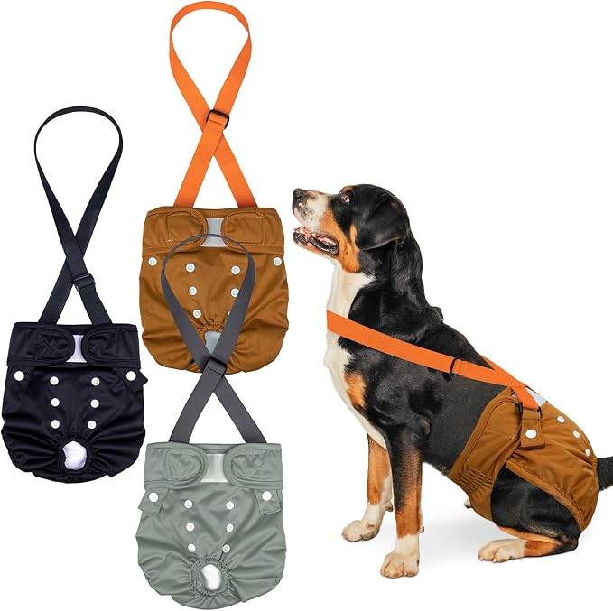 Pet Soft Dog Diapers Female with Suspenders, 3 Pack Reusable Female Dog Diapers for Heat, Dog Period Panties for Doggie in Cycle(Medium, Deepcolor)