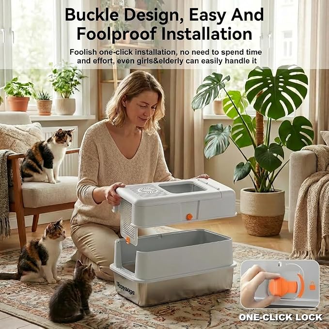 Stainless Steel Cat Litter Box, Enclosed Odor Control Extra Large Metal Litter Box with Lid, 135° Flip-Top Covered Design, Leak-Proof High Sided Box for Large Cats & Multi-Cat Homes, Gray