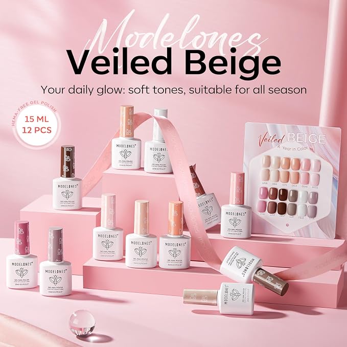 Modelones 15ML 12Pcs Gel Nail Polish Set, Same Color Same Bottle Nude Pink Milky White Beige Skin Tones Neutral Brown Hema-free Gel Polish Kit Spring Soak Off Gel Polish Set Manicure Nail Art