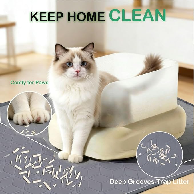 SORKUT Cat Litter Mat 34x22 Inch, Large Silicone Litter Box Mat for Floor Protection, Waterproof & Non-Slip, Soft for Cat Paws, Easy to Clean, Leak-Proof Edge, Gray