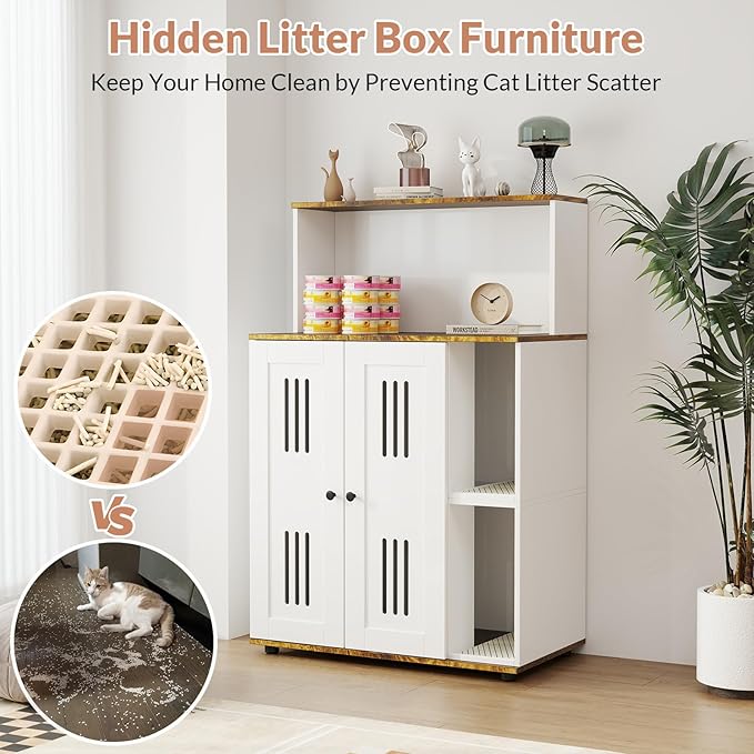 Rovibek Cat Litter Box Enclosure for 2 Cats, Litter Boxes Furniture Hidden with Storage, Cat Litter Cabinet with Scratch Mat, Fit Most of Litter Box, White