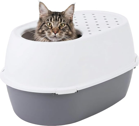 IRIS USA Extra Large Litter Box with Lid, Top Entry, Jumbo Enclosed Covered Litter Box for Large Cats, 19" L x 29" W x 15" H, Dog-Proof 4-Buckle Design, Reduced Tracking Lid, Gray/White
