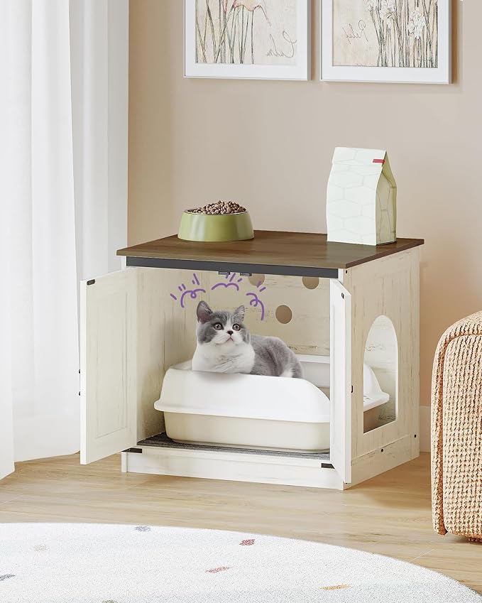 Hzuaneri Cat Litter Box Enclosure, Hidden Litter Box Furniture with Removable Dividers, Reversible Entrance Left or Right Side, Cat House, Rustic White and Brown CB84514X